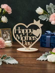 1pc Mother's Day Wooden Heart Crown Decor, With Hollow "Happy Mother's Day" English Text Design, Modern Minimalist Decor For Holiday Celebration, Suitable As Mother's Day Gift And Home Tabletop Decoration - one-size - View 3