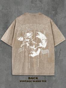 1PC Y2K Vintage Washed T-Shirt | Men's Graphic Tee | YLA Dripping Skull Design Pattern | Gifts For Men Or Boyfriend | 100% Cotton | 230Gsm Thickened Fabric | Unisex - 咖啡棕 - 查看 2