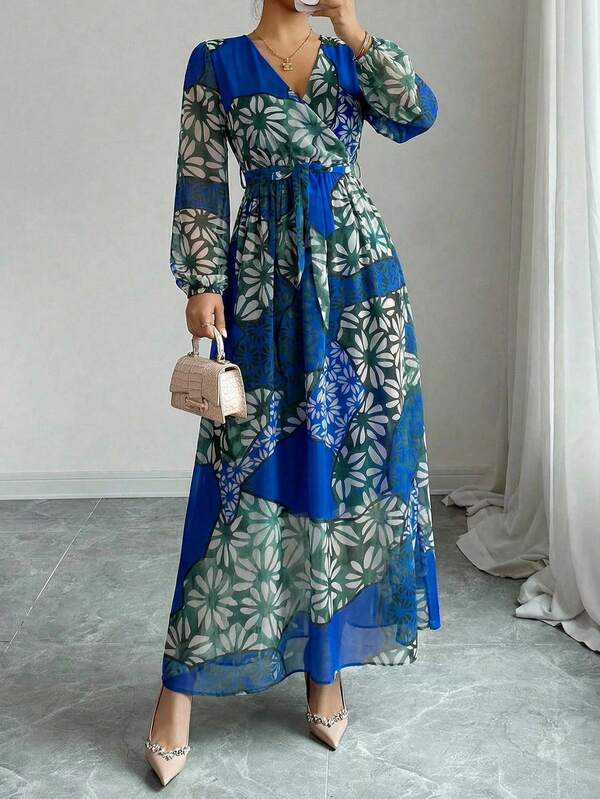 Elegant Boho Chiffon Maxi Dress Women V Neck Long Petal Sleeve Flared A Line Fitted Waist Warm Lined Non Stretch