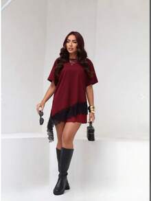 Asymmetrical Lace T-Shirt, Asymmetrical Lace Tee, Autumn/Winter Collection - Redwood - View 2
