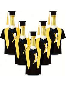1Set Graduation Wine Bottle Covers & Toppers - Felt Academic Gown Decorations With Tassels, Black & Yellow Graduation Party Decor For University Celebrations, Gift Packaging Sets, Graduation Party Decorations - View 1