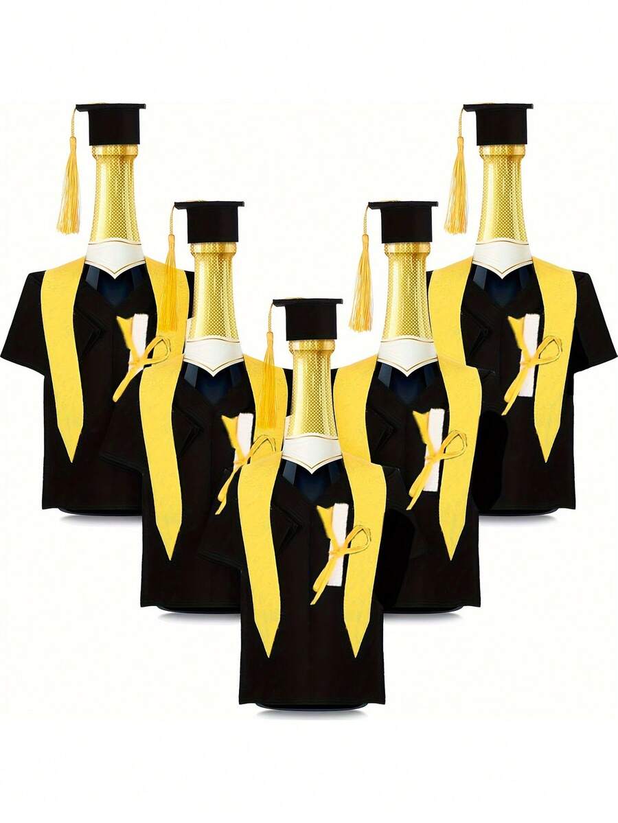 1Set Graduation Wine Bottle Covers & Toppers - Felt Academic Gown Decorations With Tassels, Black & Yellow Graduation Party Decor For University Celebrations, Gift Packaging Sets, Graduation Party Decorations - View 1