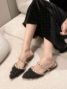 女士铆钉平底拖鞋，粗跟包头凉鞋，新款适合搭配连衣裙，尖头低跟水钻软皮拖鞋 - 黑色 - 查看 1