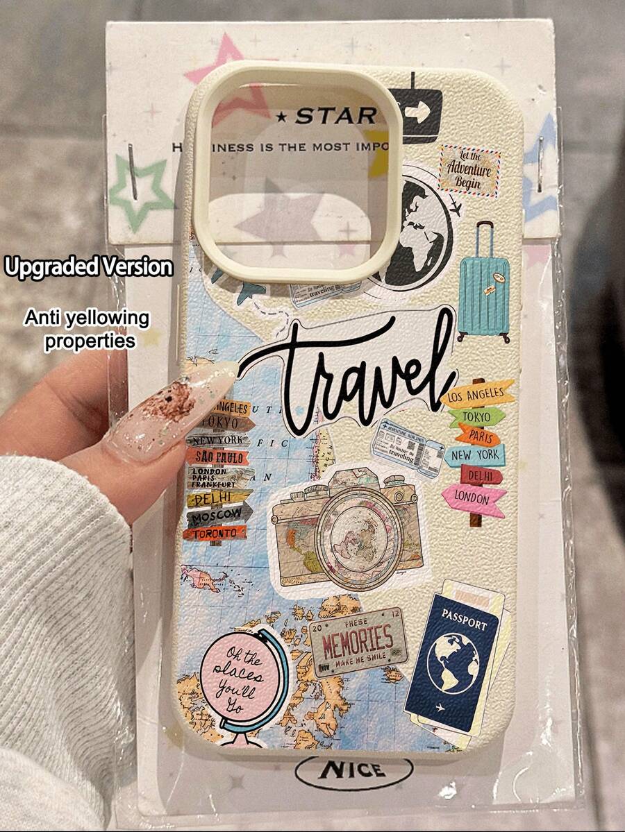 1pc Fashion Personalized Travel Map Pattern Litchi Texture Anti-Fall Anti-Slip Soft Phone Case Protective Cover Suitable Compatible With Apple, Phones - Multicolor - View 1