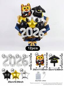 12 pièces/set Ballons de décoration pour fête de remise des diplômes, bouquet de ballons 4 styles, mini hibou docteur/bonnet de graduation/"Tu l'as fait" rond/ballons étoiles 10 pouces or/noir/argent/or rose, 2026, cérémonie de remise des diplômes - Voir 5