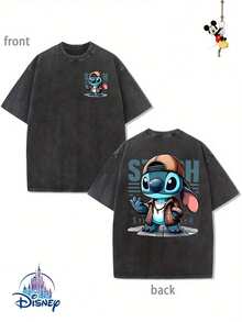 Disney-Licensed Men's T-Shirt For Family Vacations, 230 G, 100% Cotton. This Soft, Pre-Washed Crew-Neck T-Shirt With A Cute Stitch Print Boasts A Perfect Wash. The Design Is Detailed And Vibrant, And The Fabric Is Durable And Easy To Care For. Whether For Everyday Wear, Commuting To Work, Or Other Occasions, This Shirt Exudes Pure Vacation Vibes. - 黑色 - 查看 1