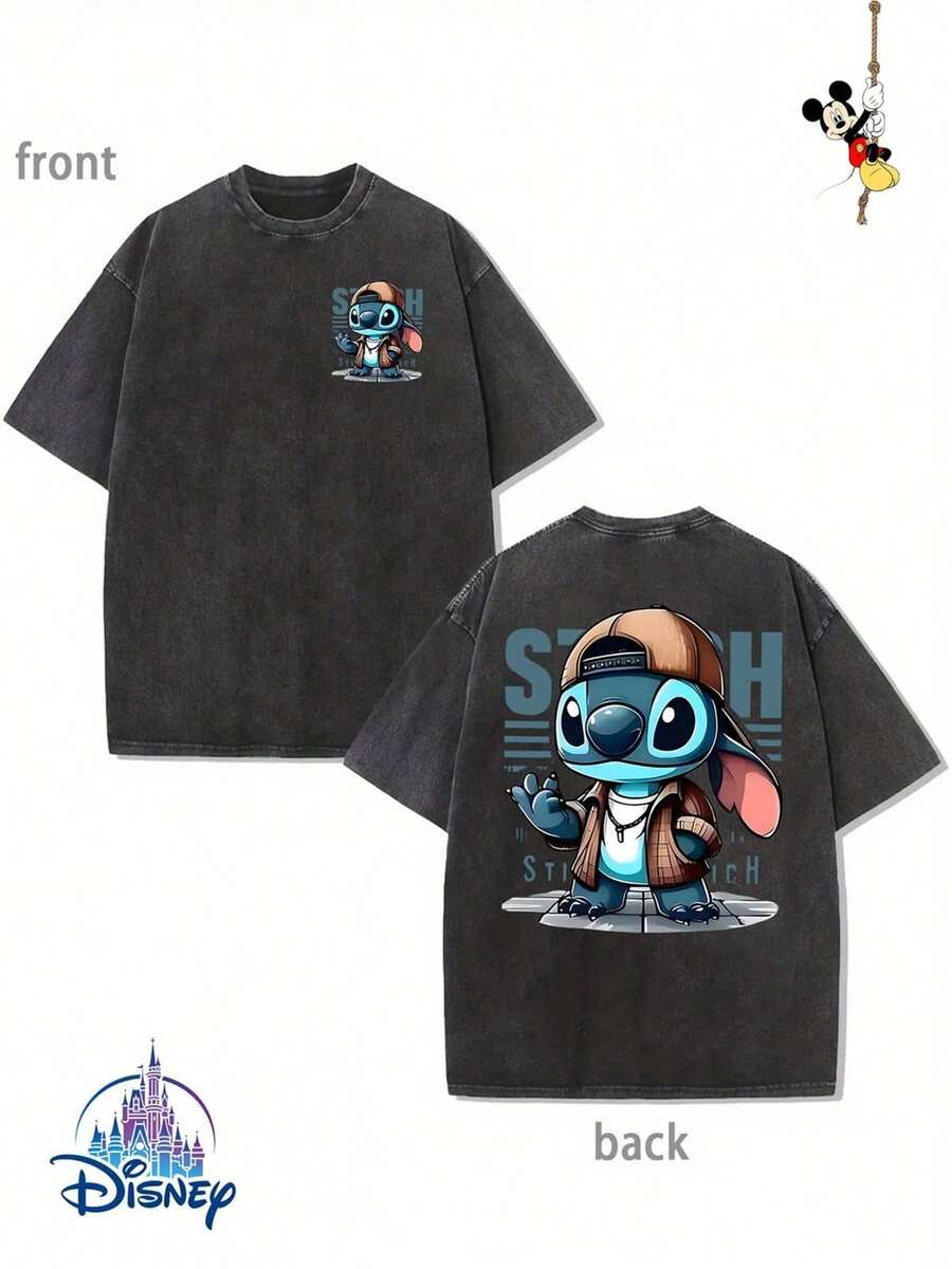 Disney-Licensed Men's T-Shirt For Family Vacations, 230 G, 100% Cotton. This Soft, Pre-Washed Crew-Neck T-Shirt With A Cute Stitch Print Boasts A Perfect Wash. The Design Is Detailed And Vibrant, And The Fabric Is Durable And Easy To Care For. Whether For Everyday Wear, Commuting To Work, Or Other Occasions, This Shirt Exudes Pure Vacation Vibes. - 黑色 - 查看 1