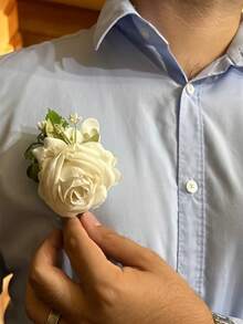 1支/6支装奢华公主玫瑰花配泡沫满天星浪漫胸花，适用于新郎、伴郎、新娘、伴娘、婚礼、订婚、宴会、派对等场合。 - 米色 - 查看 4