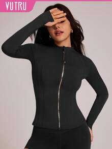 VUTRU Women's Fitted Sports Jacket With Thumb Hole, Stand Collar Outerwear - màu đen - Xem 3