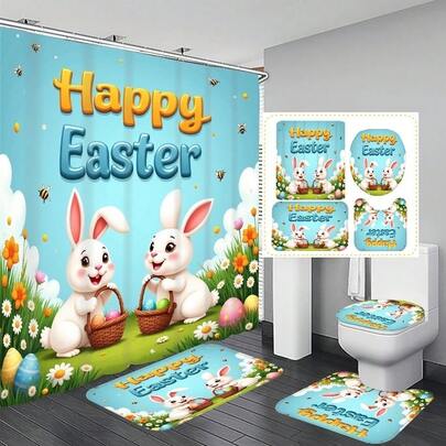 Bộ rèm tắm trang trí phòng tắm đa năng gồm 1/3/4 món họa tiết Thỏ Phục Sinh, Hoa, Cỏ, Trứng, kèm 12 móc treo miễn phí, tạo không khí lễ hội trang nhã. Ngoài ra còn có thảm phòng tắm, thảm chữ U và thảm tròn, phù hợp với mọi không gian phòng tắm.