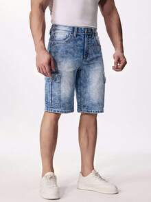 ESDVQ Quần short denim nam nhiều túi, quần short Bermuda cargo co giãn thêu họa tiết. - Rửa trung bình - Xem 4