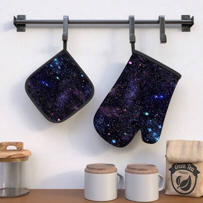 2pcs Nebula-Themed Oven Mitts Measuring, Featuring An Anti-Slip Design, Perfect For Kitchen Decor And Ideal For Cooking, Grilling, Baking, And Camping, Suitable For Everyday Use And Party Celebrations