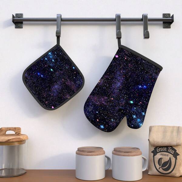 2pcs Nebula-Themed Oven Mitts Measuring, Featuring An Anti-Slip Design, Perfect For Kitchen Decor And Ideal For Cooking, Grilling, Baking, And Camping, Suitable For Everyday Use And Party Celebrations