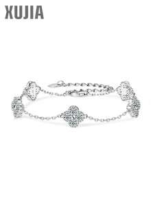 XUJIA 1pc 925 Sterling Silver Four-Leaf Clover Women's Fashion Bracelet, 3mm*20pcs Round Moissanite Lucky Pendant, Sweet Valentine's Day Gift For Girlfriend/Wife - Silver - View 2