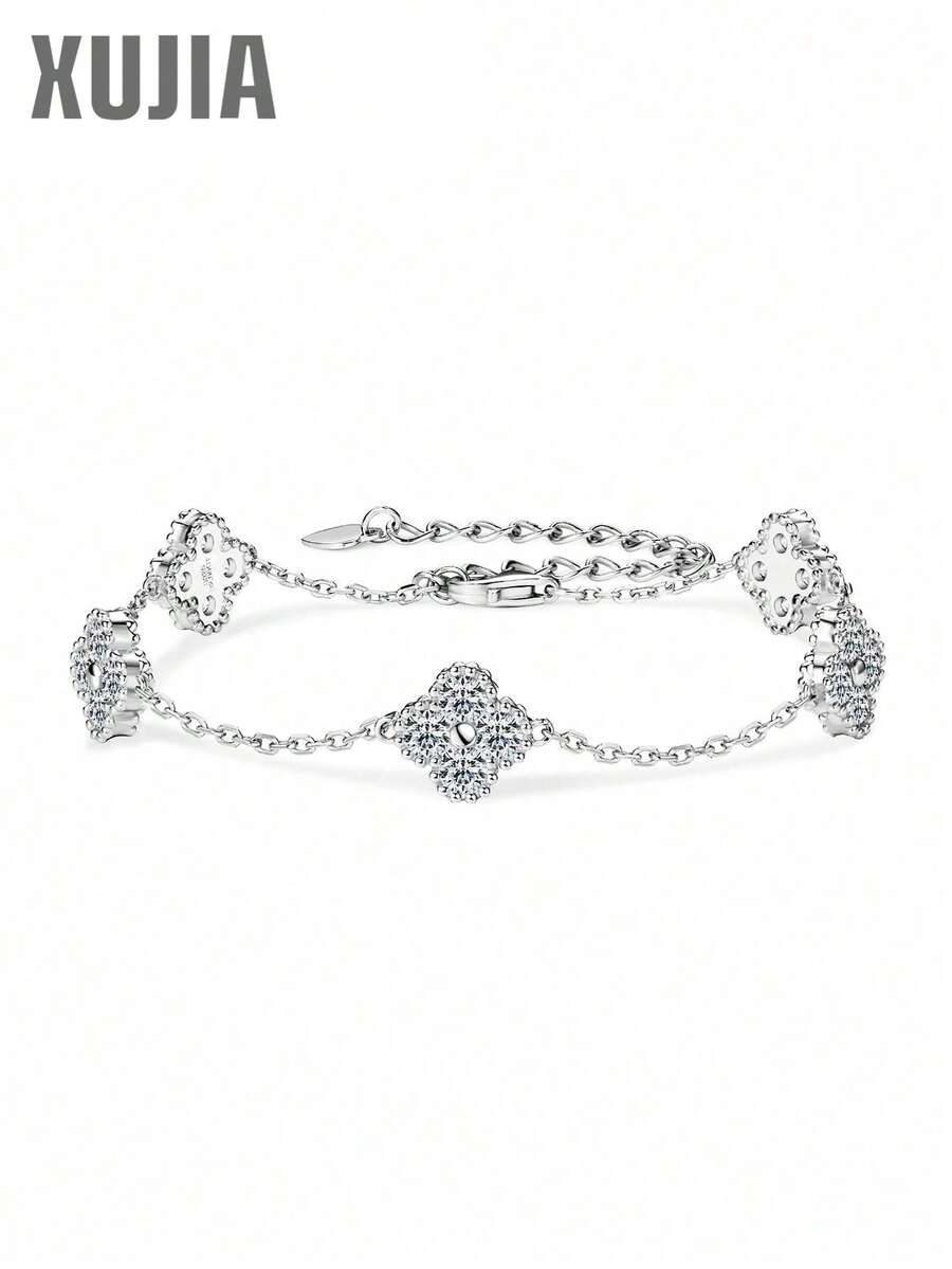 XUJIA 1pc 925 Sterling Silver Four-Leaf Clover Women's Fashion Bracelet, 3mm*20pcs Round Moissanite Lucky Pendant, Sweet Valentine's Day Gift For Girlfriend/Wife