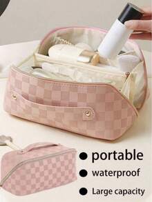 1 pieza Bolsa de maquillaje de viaje de piel sintética (PU), organizador de cosméticos para brochas, polvos, lápices labiales, etc., adecuado para playa, escuela, baño, vacaciones, Día de San Valentín, regalos de Navidad para mamá, familia, amigos, estudiantes, esencial para viajes de otoño - Ver 6