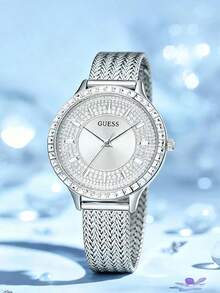 Guess 1pc Women's Elegant Sparkling Crystal Watch, Classic Silver Woven Mesh Band Quartz Analog Wristwatch, Fashionable Accessory Suitable For Daily Wear, Banquet, Office And Vacation - Silver - View 10