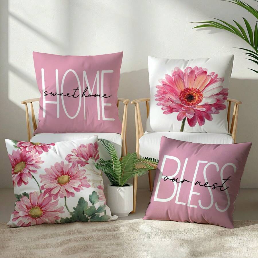 4件套简约日常粉色菊花“甜蜜家园”抱枕套，单面桃绒面料，45*45厘米/18*18英寸，适用于现代简约沙发客厅装饰，亦可作为礼物或派对装饰。 - 彩色 - 查看 1