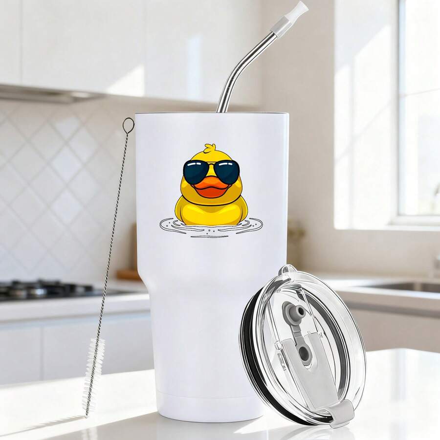30oz Stainless Steel Tumbler Black White Options,  Duck Wearing Sunglasses Floating In Water Graphic Cups, Insulated Travel Coffee Mug With Lid And Straw , Double Wall Vacuum Reusable Travel Cups, Funny Birthday Party Gift For Women & Men - 白色 - 查看 1