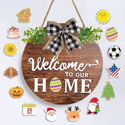 可爱可替换季节性欢迎门牌，适用于前门装饰，可替换“欢迎回家”标牌，适用于农舍风格墙壁门廊装饰，乔迁礼物