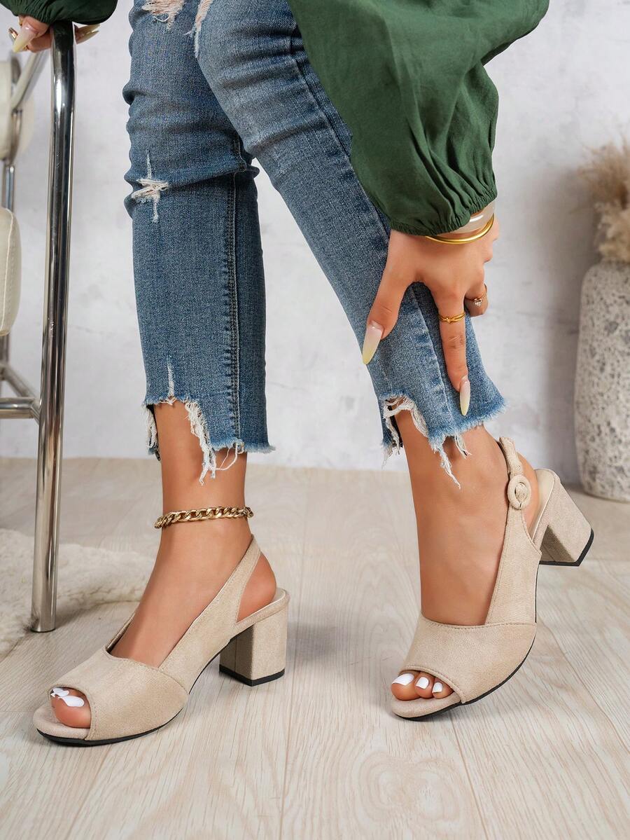 2026 New Retro Suede Peep-Toe Buckle Design Thick Heel Sandals, Comfortable & Fashionable, Versatile For Spring/Summer Work And Daily Wear - Apricot - View 1