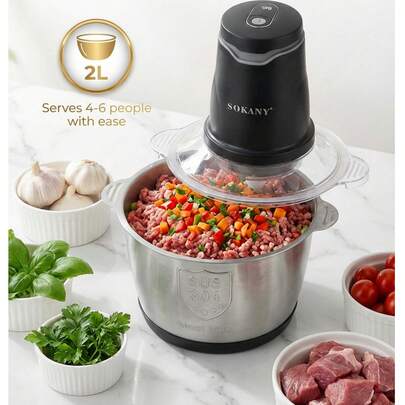  Picadora de carne eléctrica SOKANY 7020, puede picar verduras y triturar ajo, herramienta para hacer pasta de ajo, capacidad grande de 2L, 400W de alta potencia y mezcla rápida, cuchillas de corte de acero inoxidable 304, apta para verduras, cebollas, ajo, frutas, frutos secos, ensaladas y mezcla de masa, apta para uso doméstico, electrodoméstico de cocina