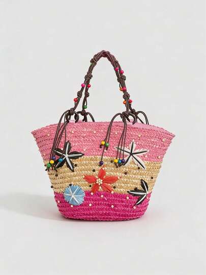 New Straw Hand-Woven Embroidered Three-Color Gypsophila Wooden Bead Single-Shoulder Straw Bag Woven Bag Beach Leisure Fashion Women's Bag