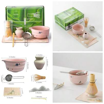 Matcha Whisk Set,Matcha Set, Including Matcha Bowl, Matcha Whisk And Stand, Sieve, Spoon, Cloth Mat, Gift For Matcha Lovers (Pink)