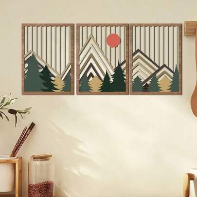 3pcs Hollow Farmhouse Wooden Wall Decor, Boho Style Wall Art, Laser Cut Design Of Trees, Mountains, Sunshine, Can Be Randomly Combined, Suitable For Living Room, Bedroom, Garden Decoration, Housewarming Gift, Holiday Gift