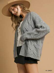 Womens Casual Cardigan Classic Cable Open Front Chunky Sweater Elegant Relaxed Fit Ribbed Trim Cozy Outerwear Long Sleeve Fall Winter Layering Piece Modern Basic Grey Everyday Wear - H. 格雷 - 查看 2