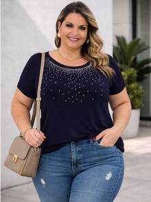 Plus Size Short Batwing Sleeve Blouse With Round Neck And Rhinestones - Casual Chic - Comfortable Knit Fabric - Urban Everyday Look - 藏蓝色 - 查看 8