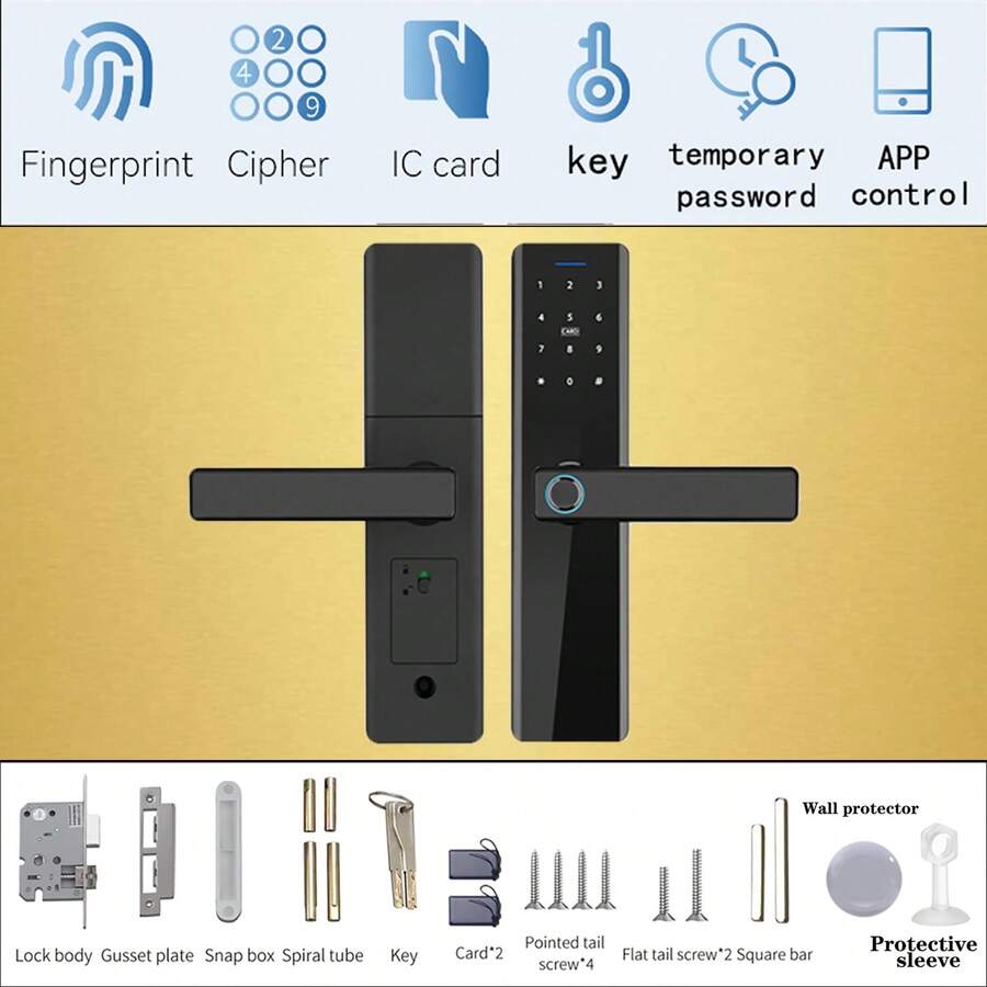 Cerradura inteligente TUYA - Huella digital, contraseña, tarjeta, aplicación, contraseña temporal, modo siempre abierto, anti-espionaje, silencioso, carga de emergencia tipo C, protección anti-bloqueo, adecuado para dormitorios, oficinas, puertas de madera interiores - Negro + 2 tarjetas IC - Ver 1
