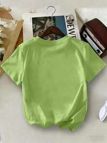 Conjunto de 2 piezas para niña preadolescente con camiseta de manga corta con estampado de letra y pantalones acampanados, suave y lavable a máquina, para primavera/verano - Verde - Ver 5