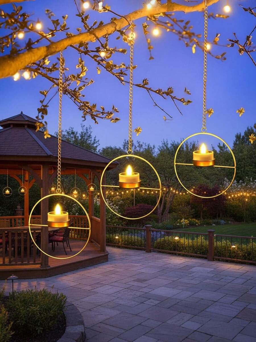 4-Piece Outdoor Solar Pendant Light Set, Gold Metal Candlesticks, With Solar-Powered Tea Wax, Waterproof, Suitable For Decorating Trees, Gazebos, Patios, Gardens, And Backyards. - 圓環 - 查看 1