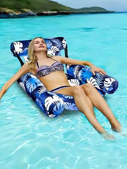 1 Piece Floating Pool Lounge Chair, Adult Inflatable Pool Hammock Chair, Floating Pool Chair, Inflatable Water Hammock With 4 Air Tubes, Blue Floral Pattern Floating Pool Sofa, Suitable For Summer Pool Parties, Outdoor, Swimming Pools.