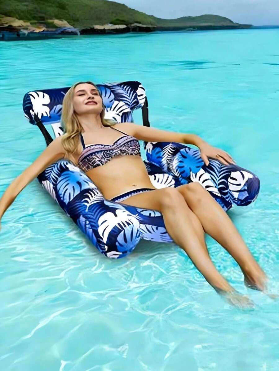 1pc Inflatable Floating Pool Lounge Chair, Inflatable Pool Hammock Chair, Floating Pool Chair, Inflatable Water Hammock With 4 Air Tubes, Blue Floral Pattern Floating Pool Sofa, Suitable For Summer Pool Party, Outdoor, Swimming Pool - 多色 - 查看 1