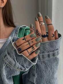 Herbal Juice Semi-Permanent Magic Tattoo Sticker, Simple Tattoo For Women, Cute Mini Style Fresh Natural Star Moon Branch Vine Pattern, 14-Day Waterproof Non-Reflective Tattoo Sticker, 1 Sheet - Blue - View 5