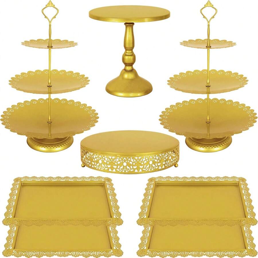 8 Pcs Cake Stand Gold Metal Dessert Table Display Set, 3-Tier Cupcake Stand, Cake Display Tower And Cookie Tray Rack Serving Tray For Birthday Party, Weddings, Baby Shower (Gold) - Vàng - Xem 1
