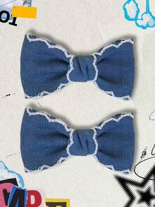 2Pcs Denim Hair Bow Fashionable Teens Girls Hair Bows With Clips For Festivals Party School - Navy Blue - View 7