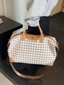 1pc PU Handbag Travel Bag, Student Organizer Bag, Large Capacity Short-Trip Luggage Bag, Waterproof Compartment, Fits Carry-On Suitcase, Lightweight, Unisex Gym Bag, Business Travel Tote - Coffee - View 2