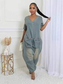 Comfortable And Fashionable Loose Big Crotch Jumpsuit Retro Personalized Fashion Big Pocket Denim Jumpsuit - màu xanh nhạt - Xem 3