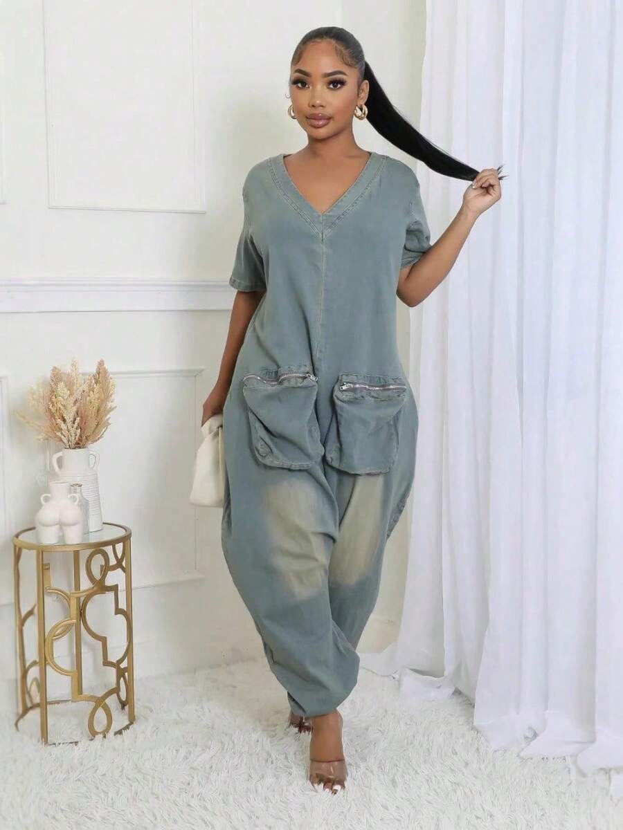 Mono holgado y cómodo con gran entrepierna, mono de mezclilla retro personalizado de moda con bolsillo grande - Azul claro - Ver 1