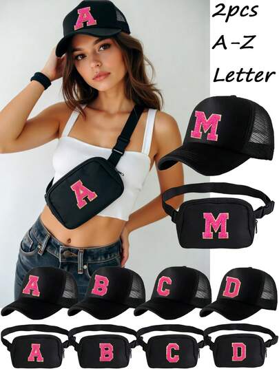 2Pcs Personalized 26 Letters Trucker Hat & Crossboy Bag Set, Breathable Versatile Mesh Baseball Cap, Compact Pouch For Phone And Coin Pack,Casual Daily Matching Set For Shopping, Travel, Outdoor Sports And Daily Outfits