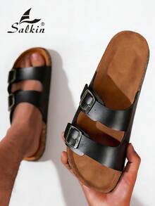 Salkin 经典男士拖鞋，双扣设计，柔软软木鞋底，时尚哑光黑色，方便穿脱，鞋面柔软舒适透气，镂空设计，防滑耐磨鞋底，速干防臭，轻便户外沙滩凉鞋，大码 - 黑色 - 查看 2