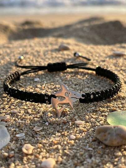 ZIRUISP 1条不锈钢鲨鱼吊坠手链，男士手工编织黑色伞绳，可调节流苏结，情侣对戒，友谊手链，男女青少年Y2K简约饰品，礼物腕带配饰