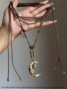 1pc Star & Moon Tassel Geometric Pendant Necklace, Gold Metal & Leather, Elegant Vintage Style For Women, Party, Daily Wear, New Year Gift - Multicolor - View 14