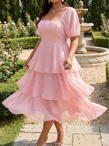 Vestido de invitada de boda con cierre de cremallera, volantes y capas de gasa, elegante, para mujer de talla grande, color rosa verano - Rosa - Ver 2