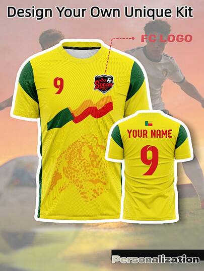 1pc Personalized World Cup 2026 Benin Yellow Soccer Jersey – Custom Name & Number, Yellow Leopard Print Breathable Football Top, Lightweight, Moisture-Wicking Fabric, Ideal Gift For Friends/ Families