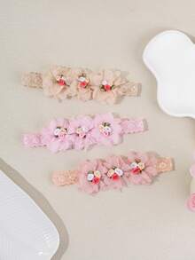 3件套可爱婴儿玫瑰雪纺花朵发箍，柔软弹力婴儿发饰套装，春季 - 彩色 - 查看 1