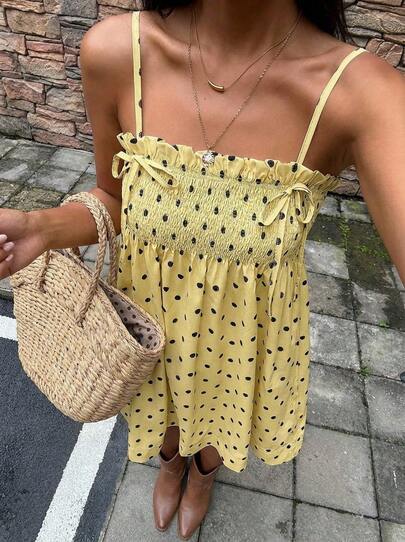 Buzzelle 复古波点印花波西米亚休闲褶皱松紧腰荷叶边吊带迷你连衣裙或半身裙，造型百搭
